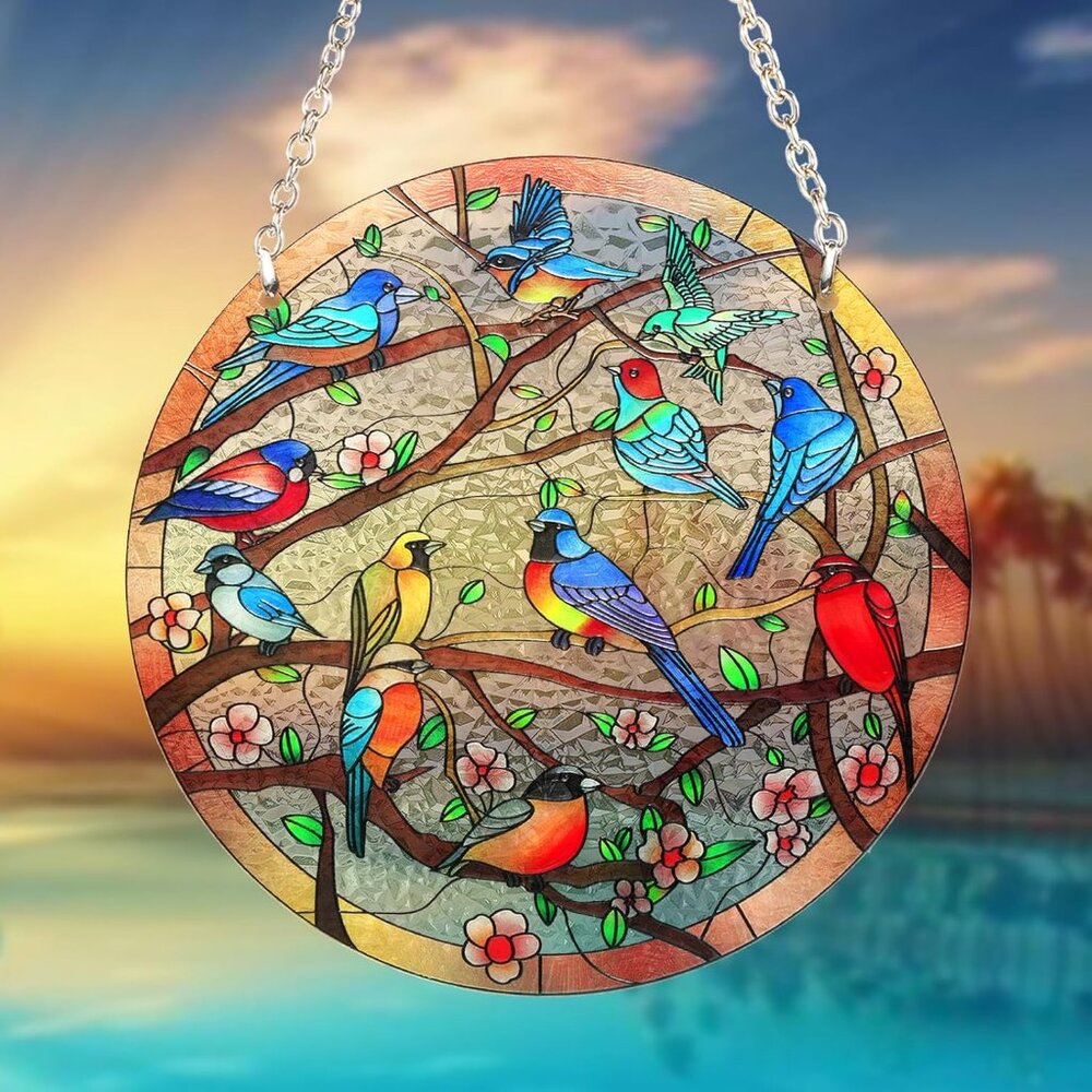 Stained Glass Suncatcher with Birds Comes with chain and suction cup